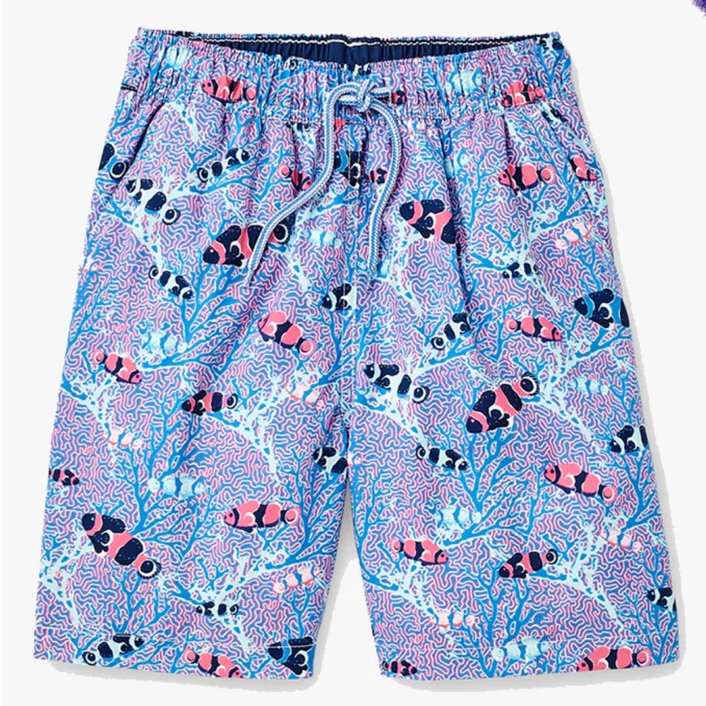 Peter Millar Blue and Pink Fish Print Swim Trunks Size S